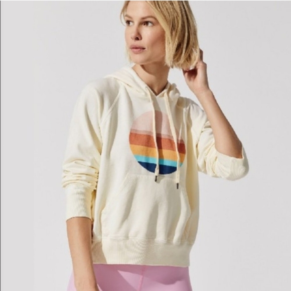 Sundry Tops - NEW SUNDRY Graphic Striped Hooded Sweatshirt In Lemon small